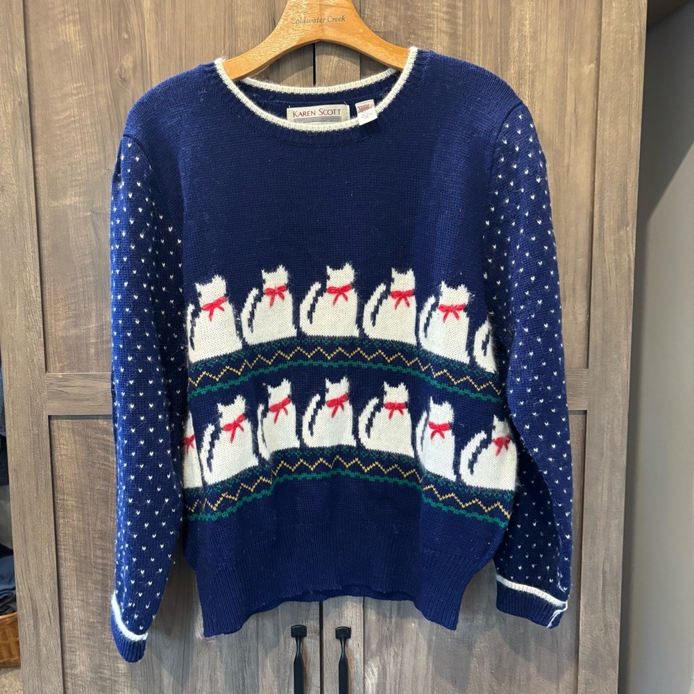 Karen Scott Navy Cat-Print Crewneck Sweater
